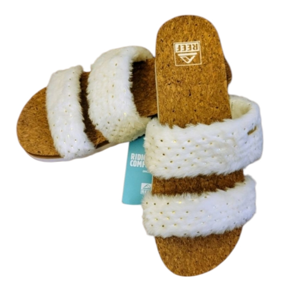 NEW‎ Reef Cushion Vista Fuzzy Cork Slides Faux Fur White Beachy Size 10